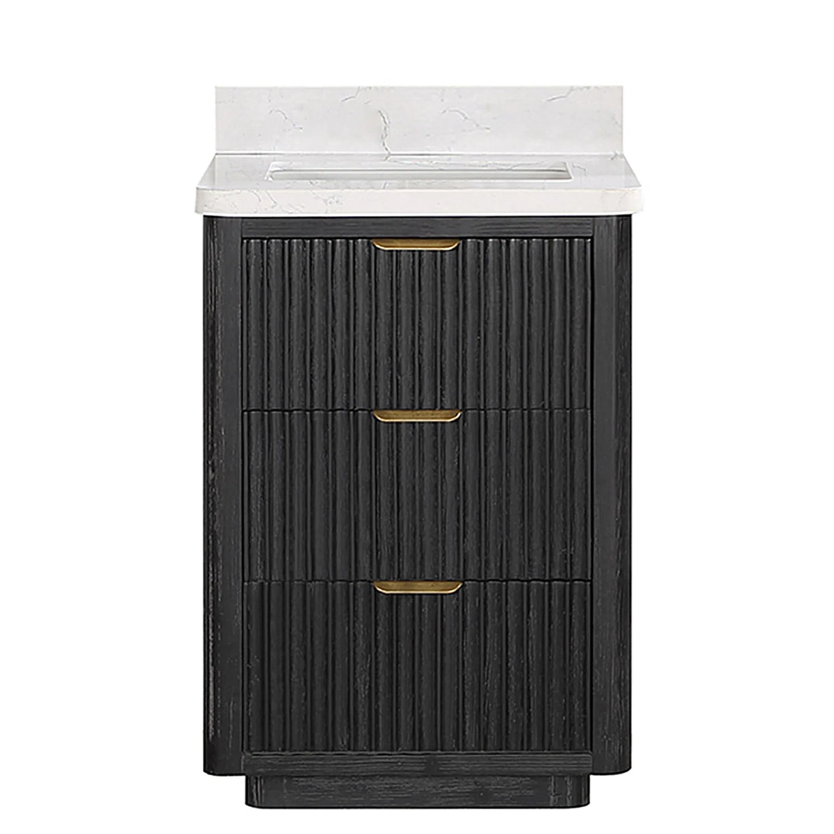 Fir Wood Black 24 inch single bathroom vanity, freestanding, with composite stone top and backsplash, studio front view