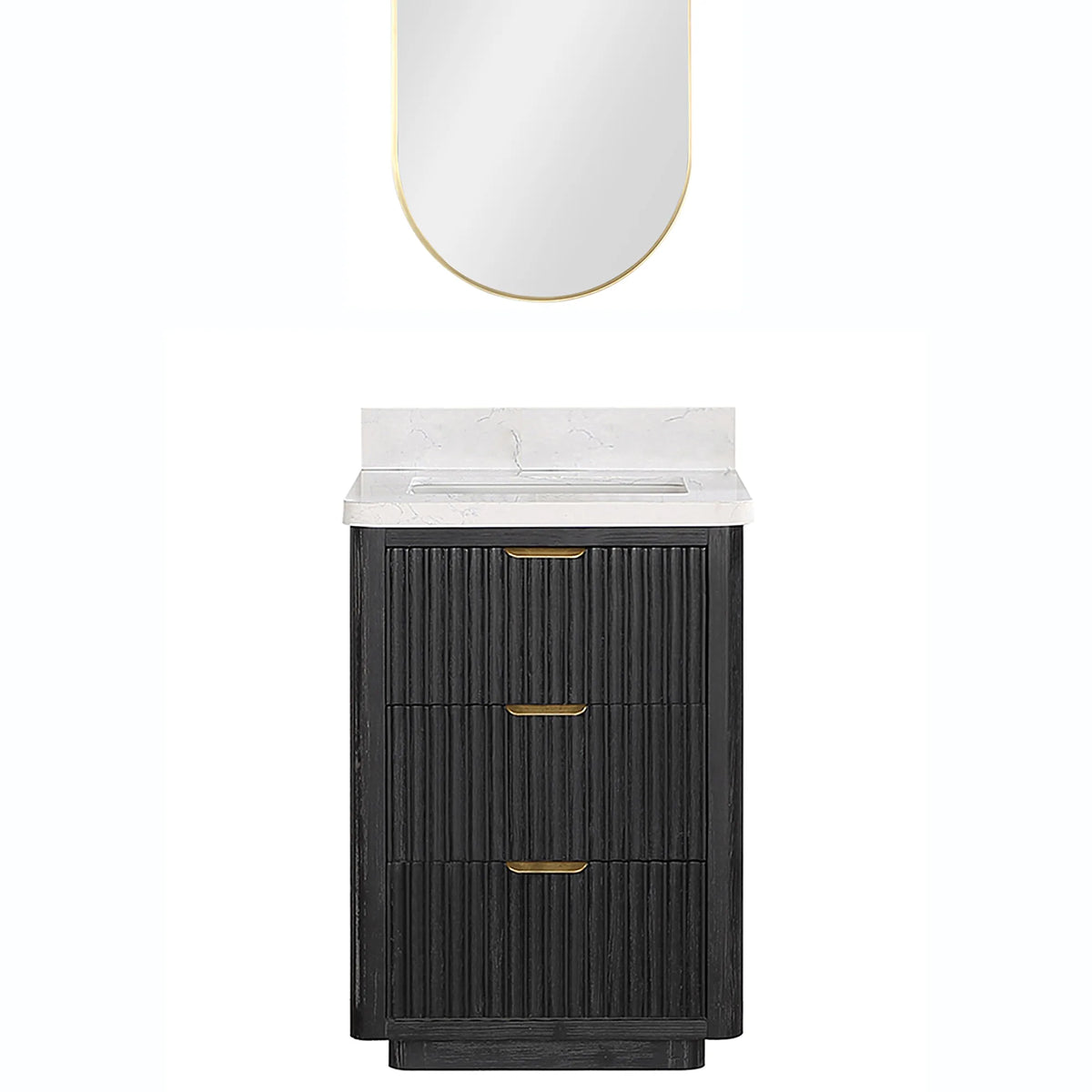 Single 24 inch vanity paired with an oval aluminum-framed mirror, studio view with the top of the mirror cropped