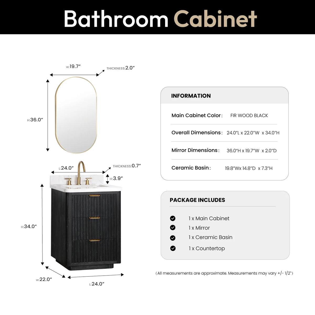 Layout with the oval mirror above the 24 inch vanity, vanity measuring 24 by 22 by 34 inches