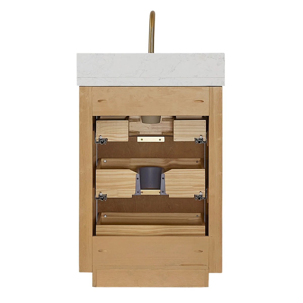 Studio view of the 24 inch vanity interior with the front open and a faucet displayed on top