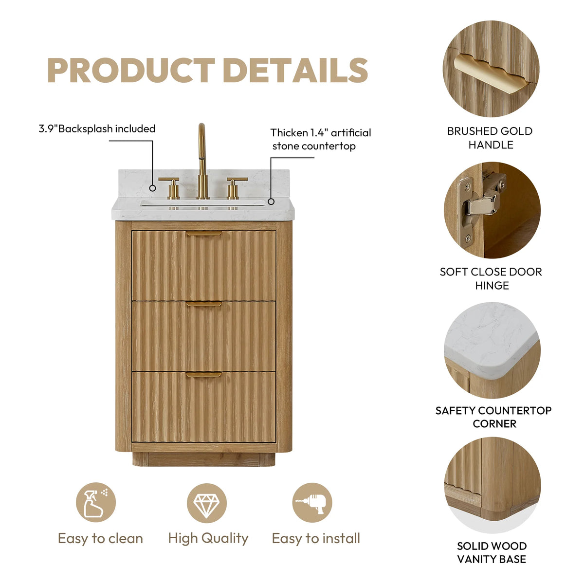 Product details sheet: Brushed Gold handle, backsplash, stone top, safety corner and wood base
