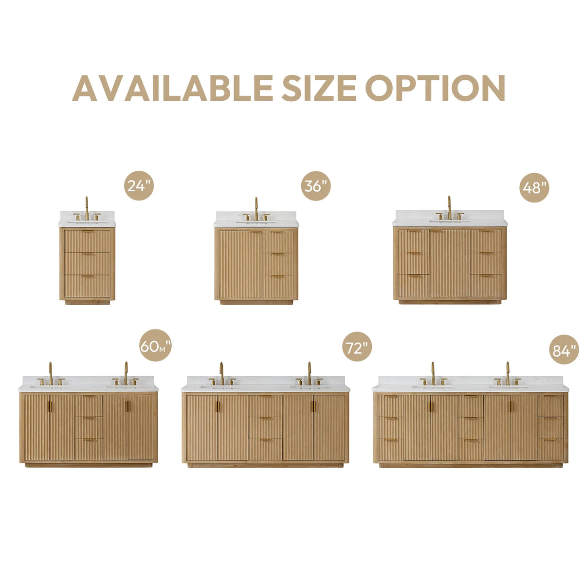 Available size options chart showing every vanity width