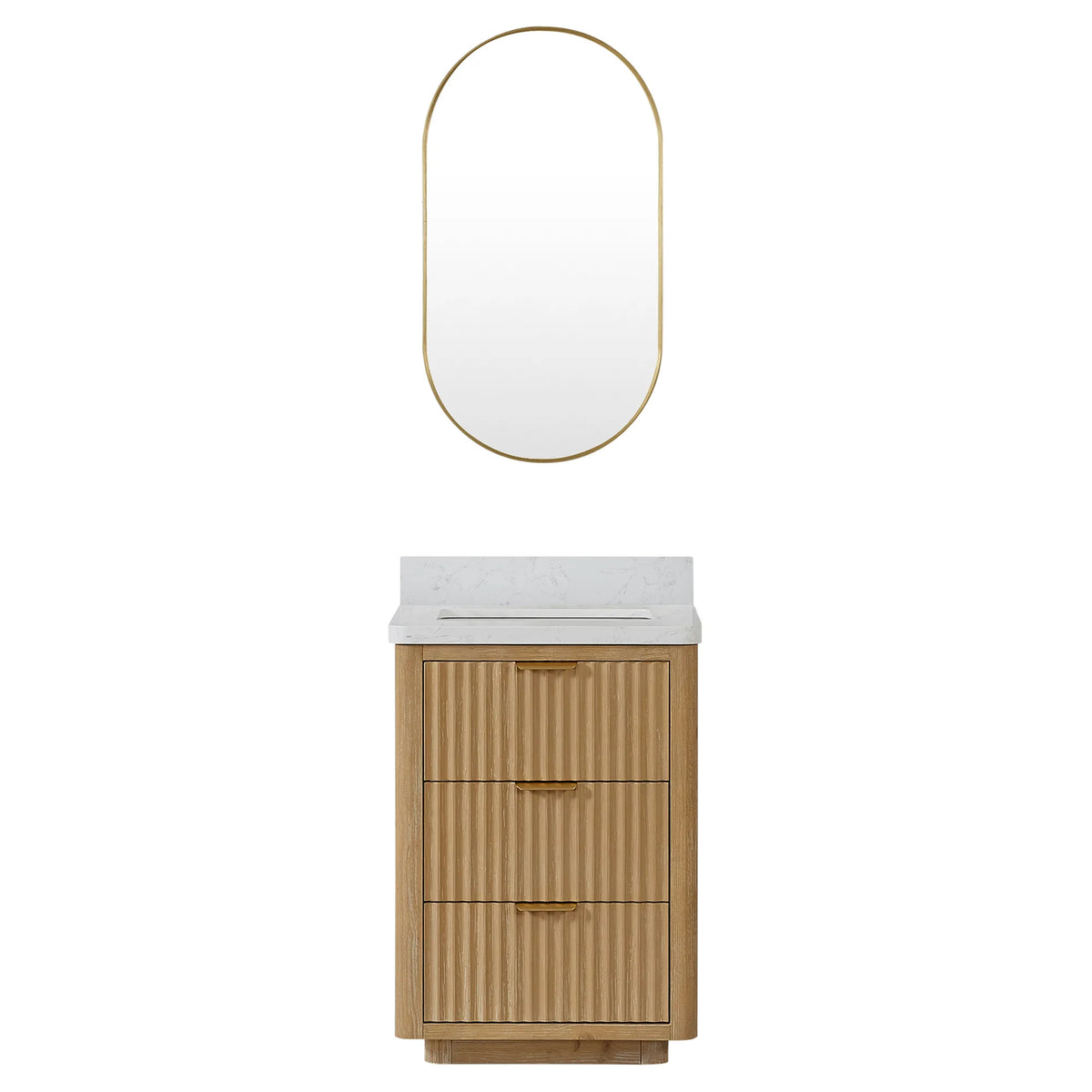 Washed Ash Grey 24 inch single vanity paired with its aluminum-framed oval mirror, studio view