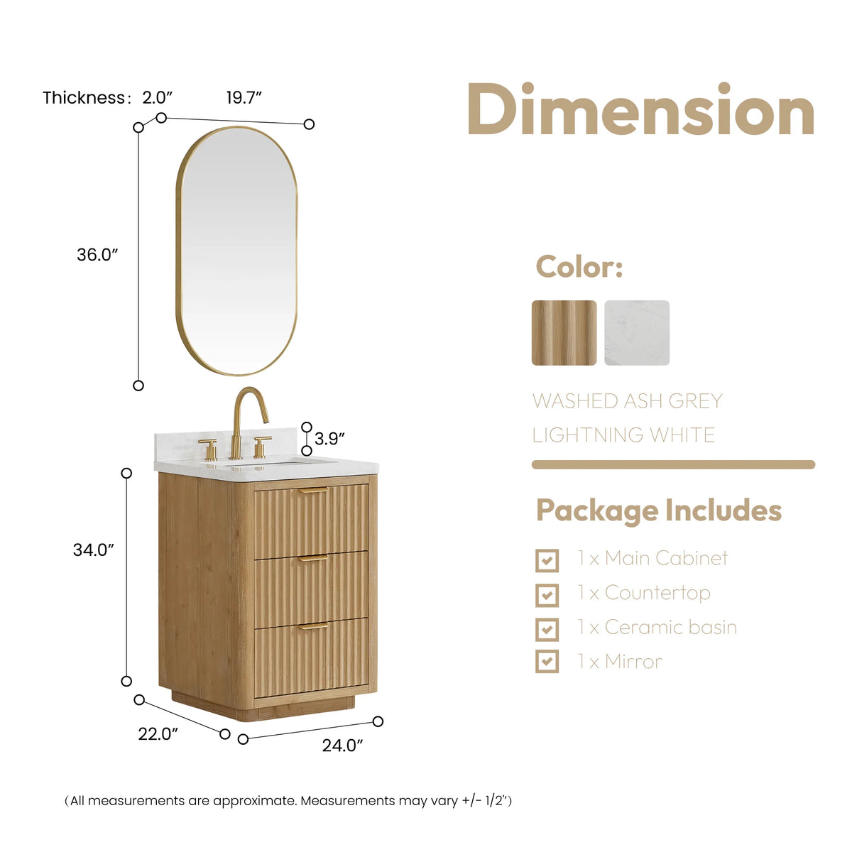 Layout of the oval mirror above the 24 inch vanity, vanity measuring 24 by 22 by 34 inches