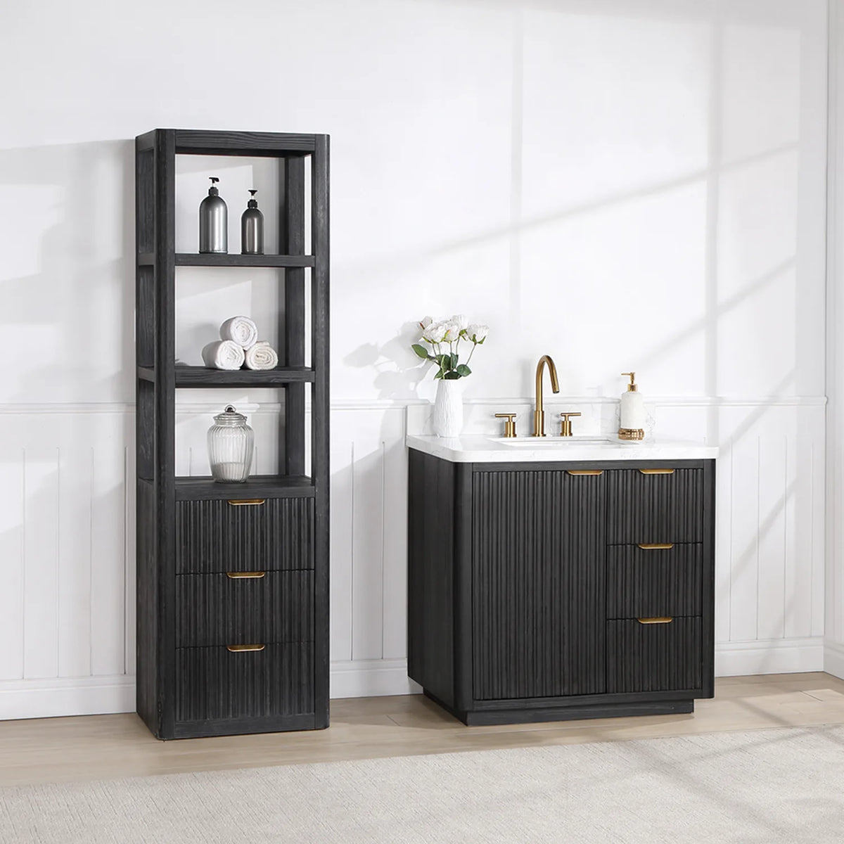 Bathroom scene with the 36 inch Fir Wood Black vanity next to a tall open-shelf unit, soft rug underfoot
