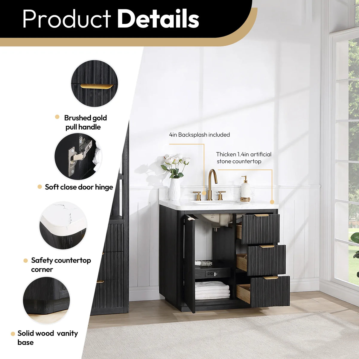 Product details chart: brushed gold pull, soft-close door, backsplash top, safety corner, wood base