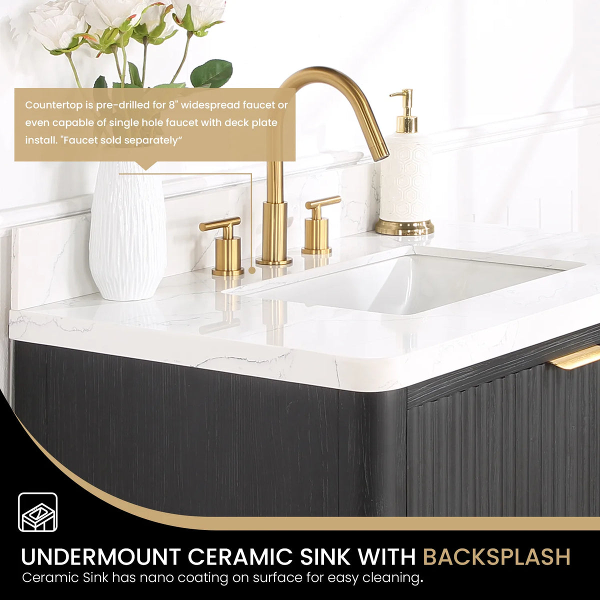 Detail: white ceramic undermount sink with backsplash and a widespread faucet set on the stone top