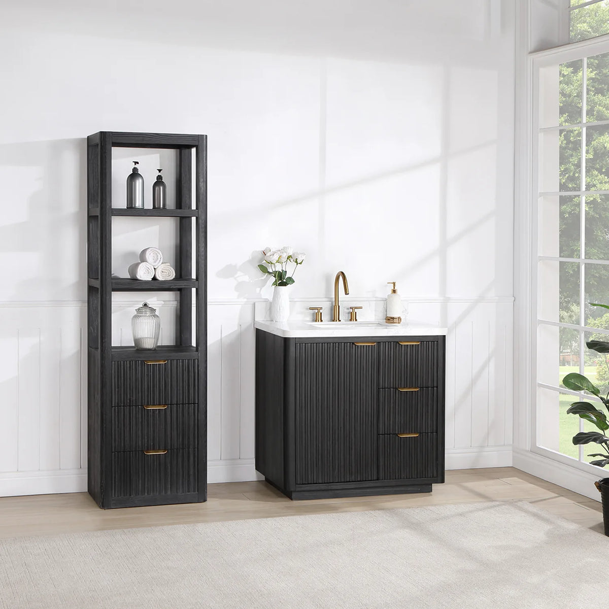 Wide room shot of the 36 inch single vanity in a sunlit bathroom with a light floor and large windows