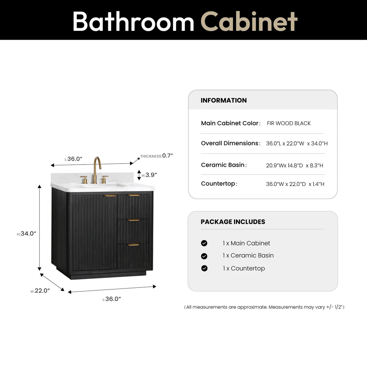 Size drawing of the single vanity, 36 in. wide by 22 in. deep by 34 in. high, with top and basin notes