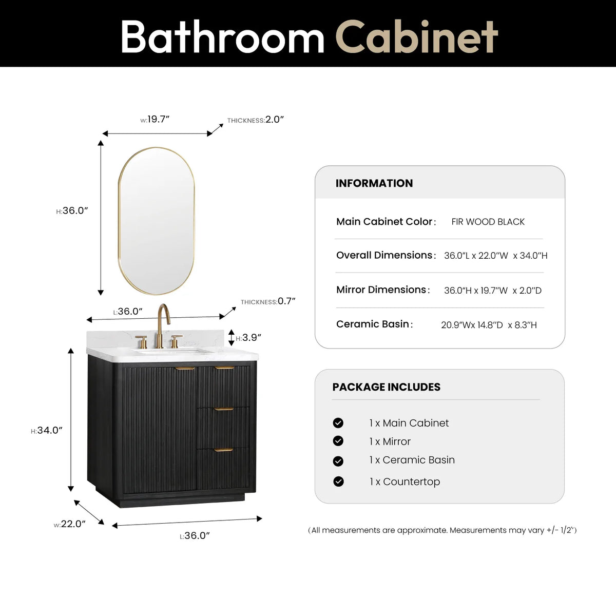 Layout showing an oval mirror over the 36 inch vanity, vanity 36 by 22 by 34 inches