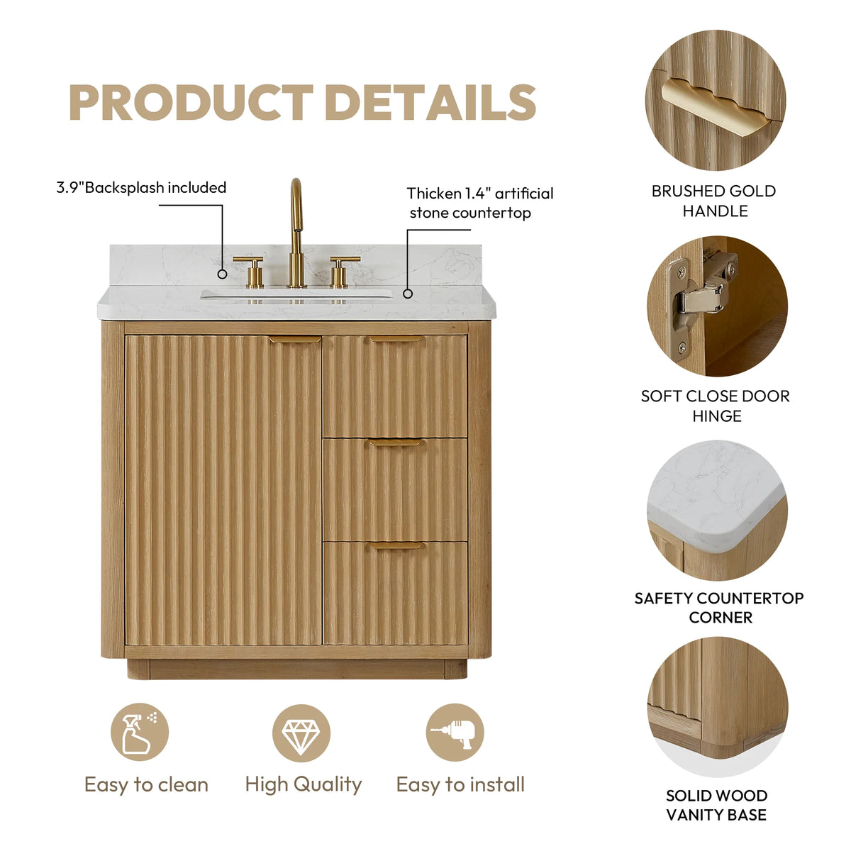 Product details sheet: backsplash, stone top, Brushed Gold handle, safety corner and wood base