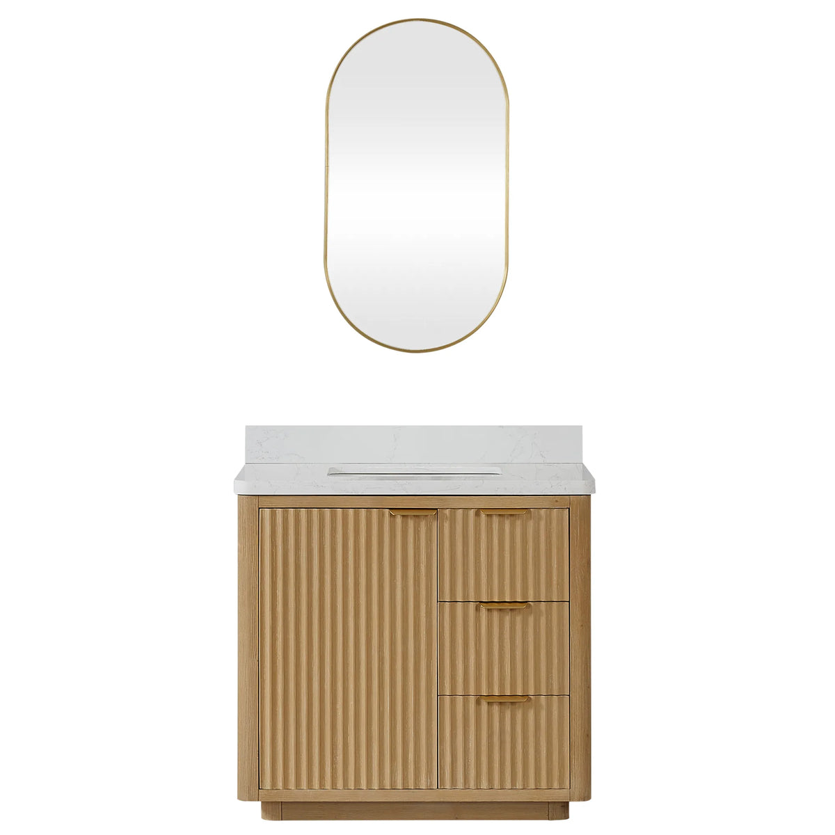 Washed Ash Grey 36 inch single vanity with its aluminum-framed oval mirror, studio view