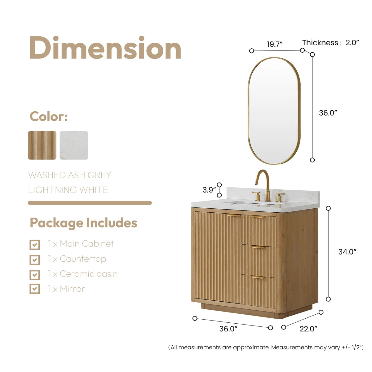 Layout with the oval mirror over the 36 inch vanity, vanity 36 by 22 by 34 inches