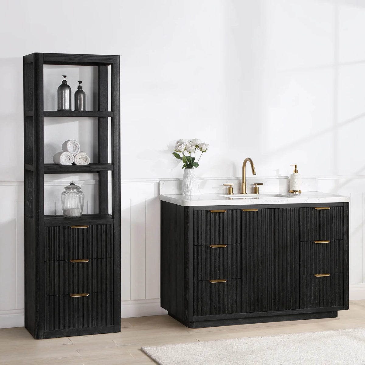 Bathroom scene with the 48 inch Fir Wood Black vanity beside a tall open-shelf unit and a light rug