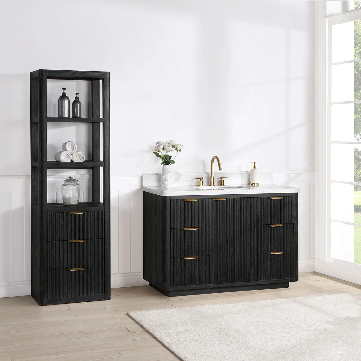 Wide room shot of the 48 inch single vanity on a light floor, large windows at the right