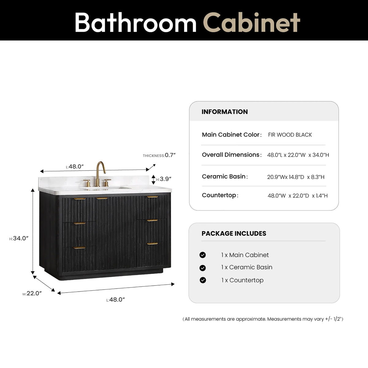 Size drawing of the single vanity, 48 in. wide by 22 in. deep by 34 in. high, with top and basin notes
