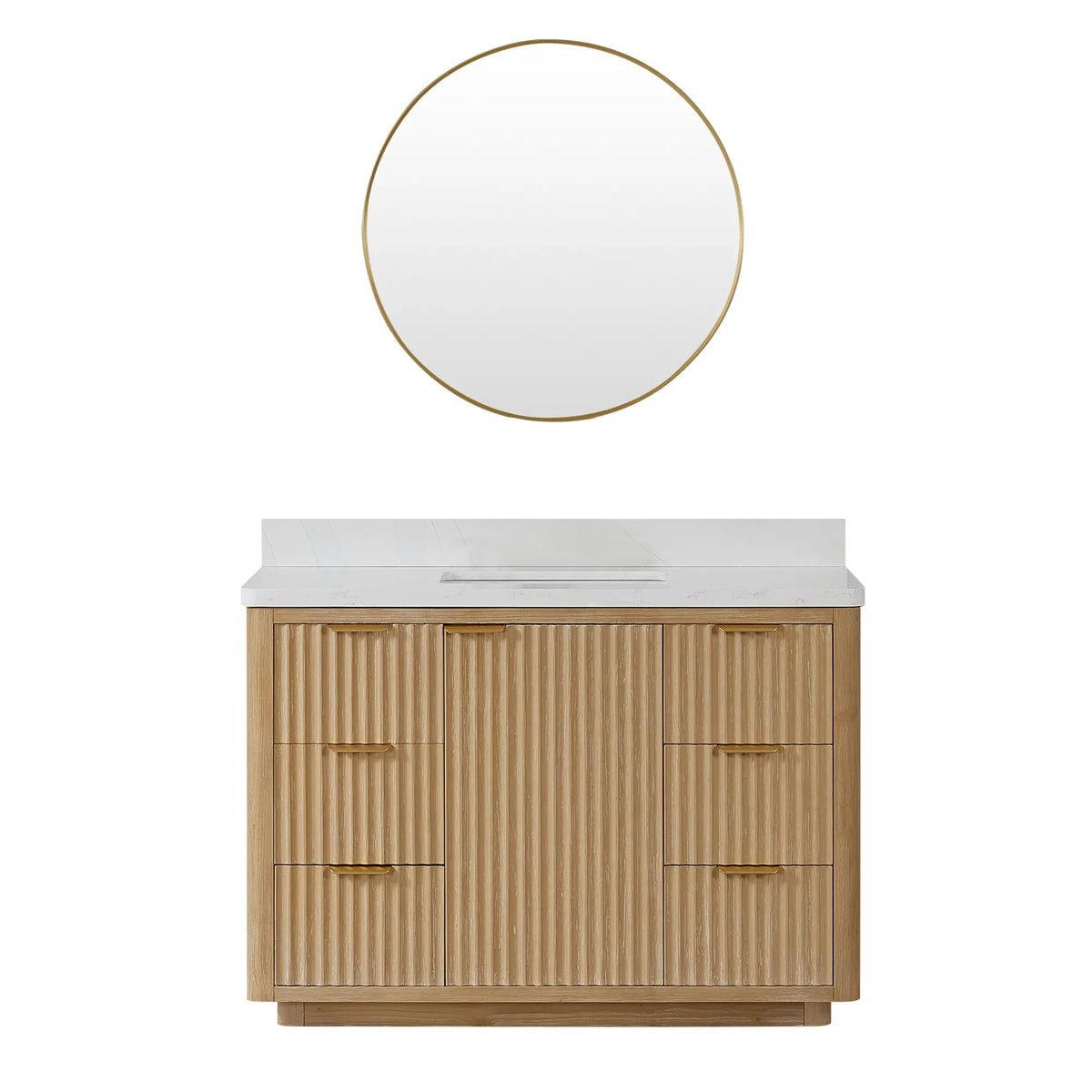 Washed Ash Grey 48 inch single vanity paired with its circular aluminum-framed mirror, studio view