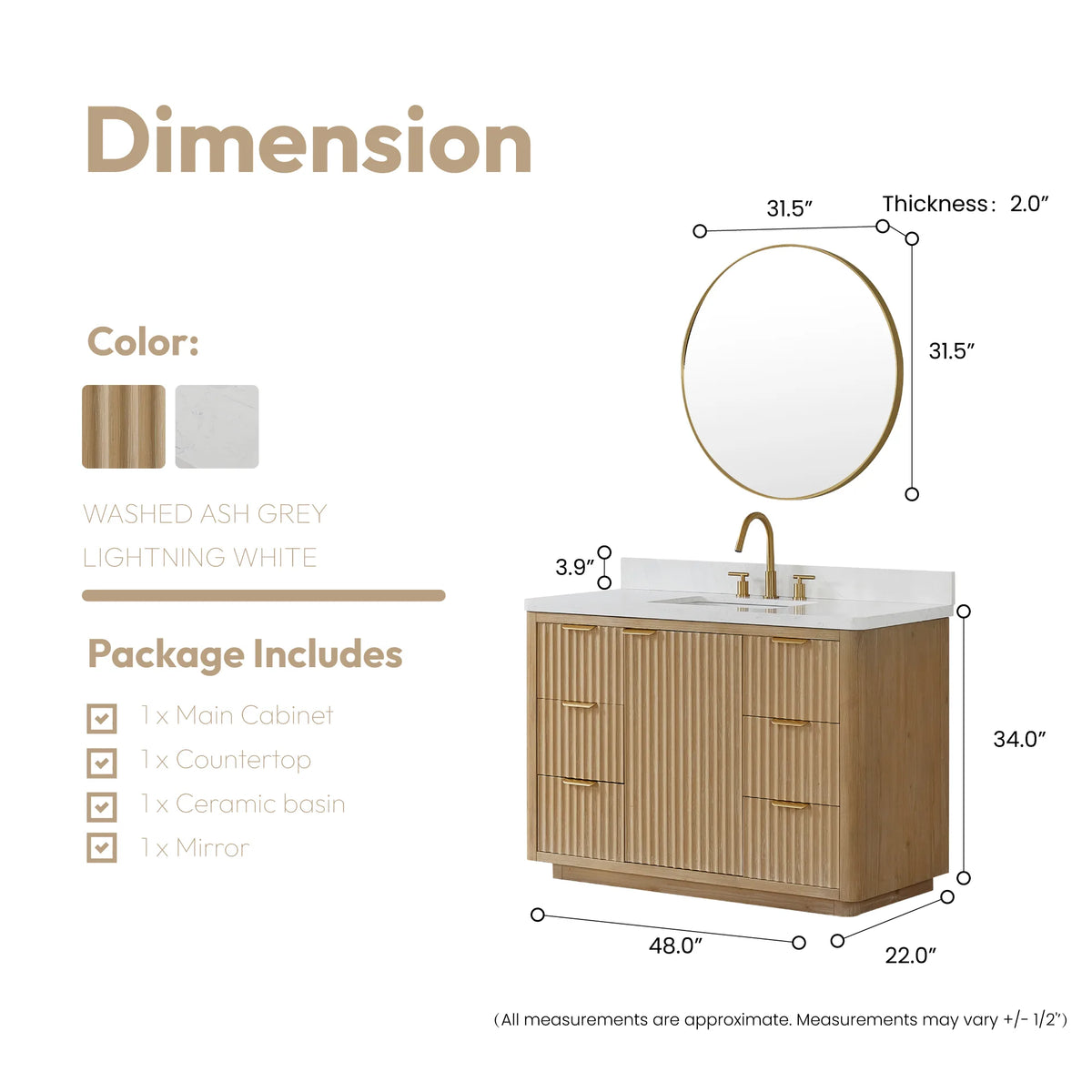Layout with the circular mirror above the 48 inch vanity, vanity 48 by 22 by 34 inches
