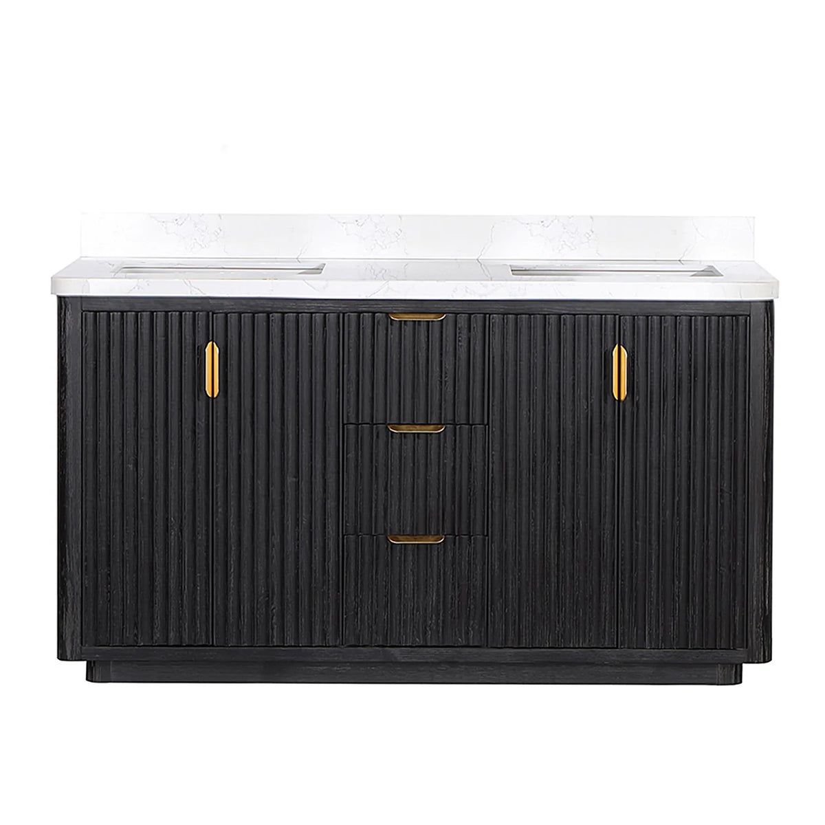 Fir Wood Black 60 inch freestanding double bathroom vanity, fluted doors and center drawers, backsplash composite top