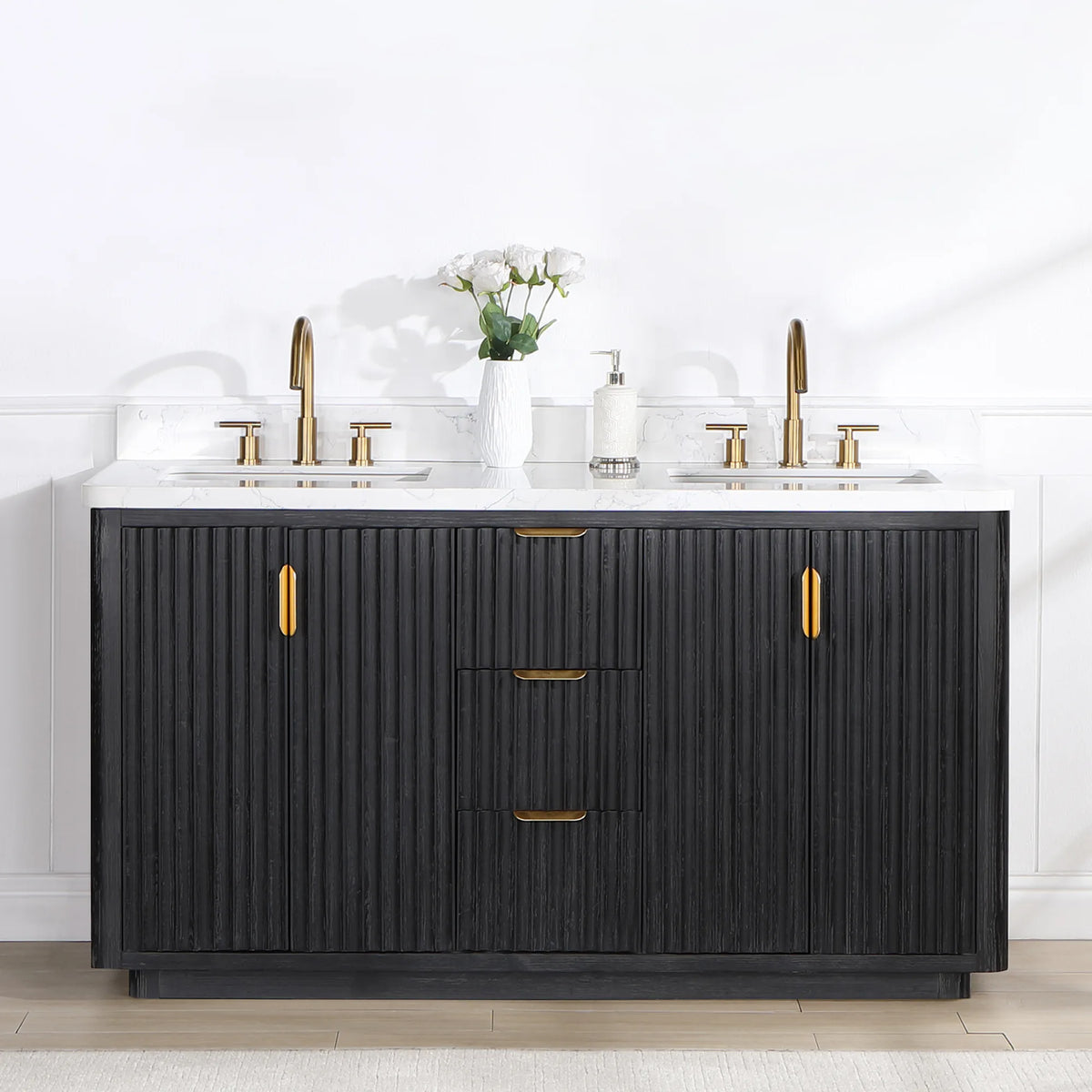 Freestanding 60 inch double vanity in a bright paneled bathroom, widespread faucets and a vase of white flowers