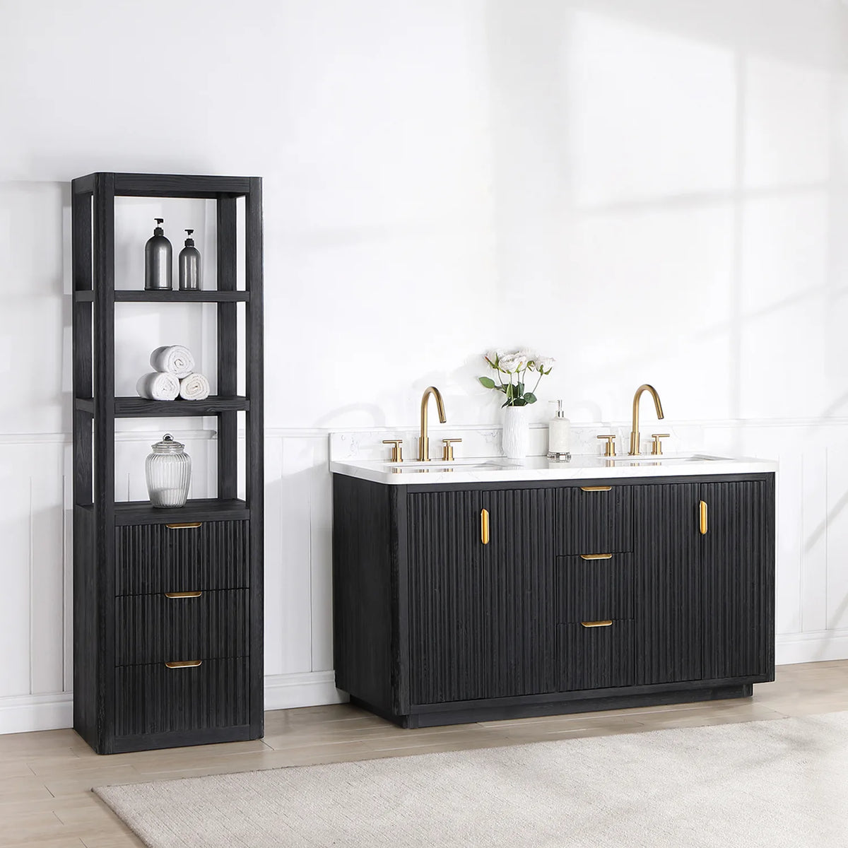 Bathroom scene with the 60 inch Fir Wood Black double vanity next to a tall open-shelf unit and a light rug