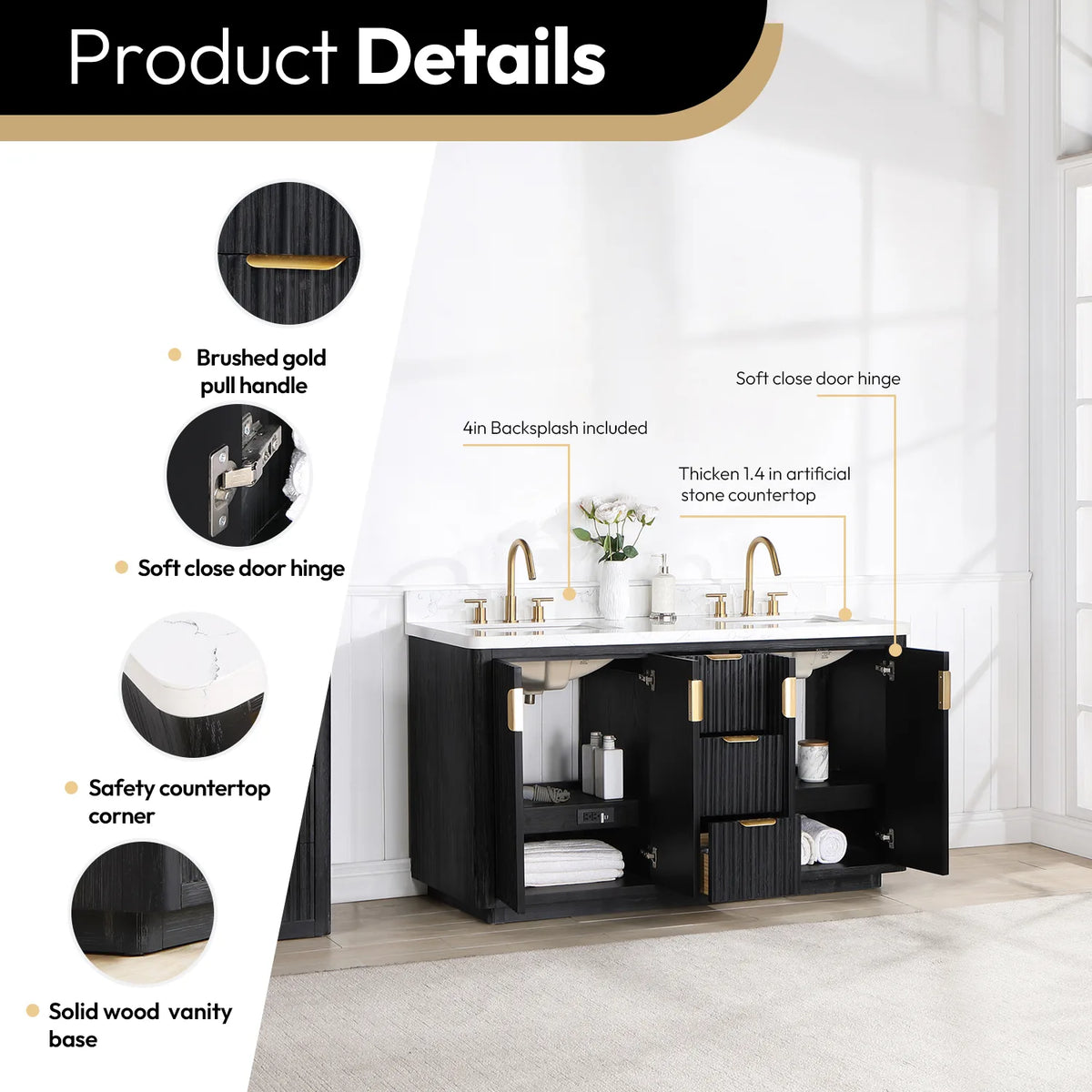 Product details chart: brushed gold pull, soft-close door, backsplash, safety countertop corner