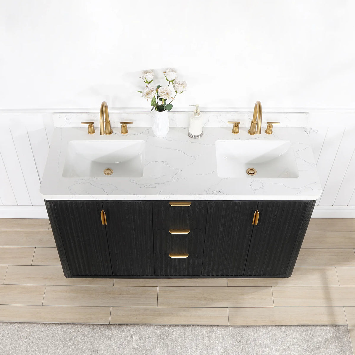 Close view of the 60 inch vanity top with undermount sink and flowers, with doors and drawer fronts below