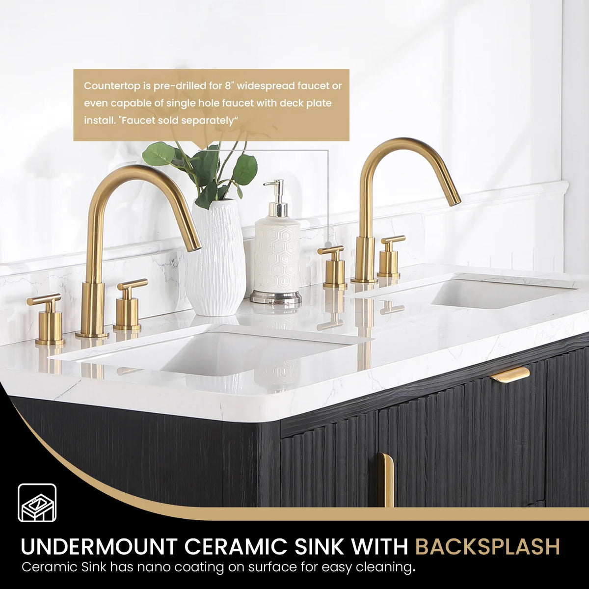 Detail: white ceramic undermount sink and backsplash on the composite top of the 60 inch double vanity