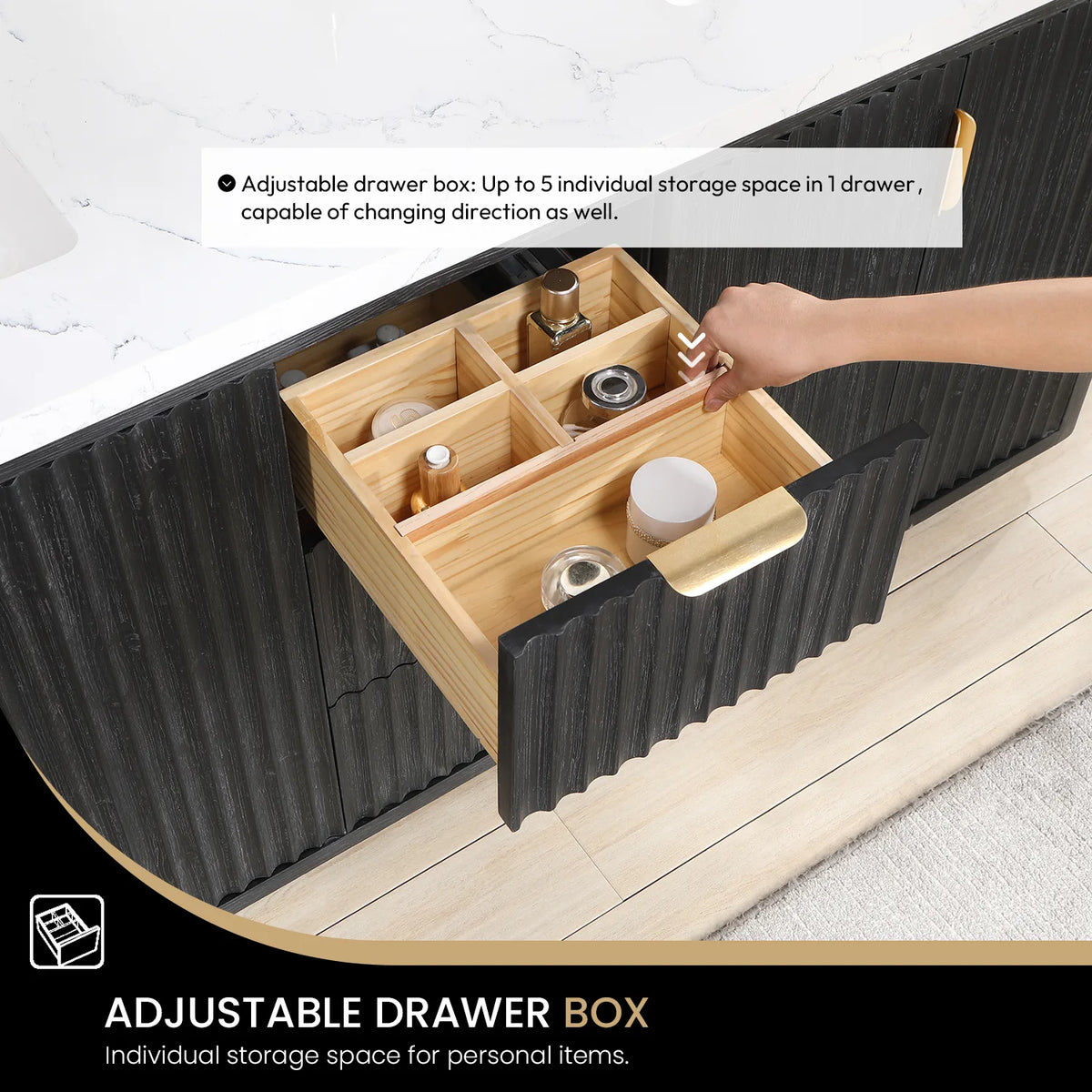 Adjustable drawer box detail on the Fir Wood Black double vanity: movable dividers create individual storage spaces