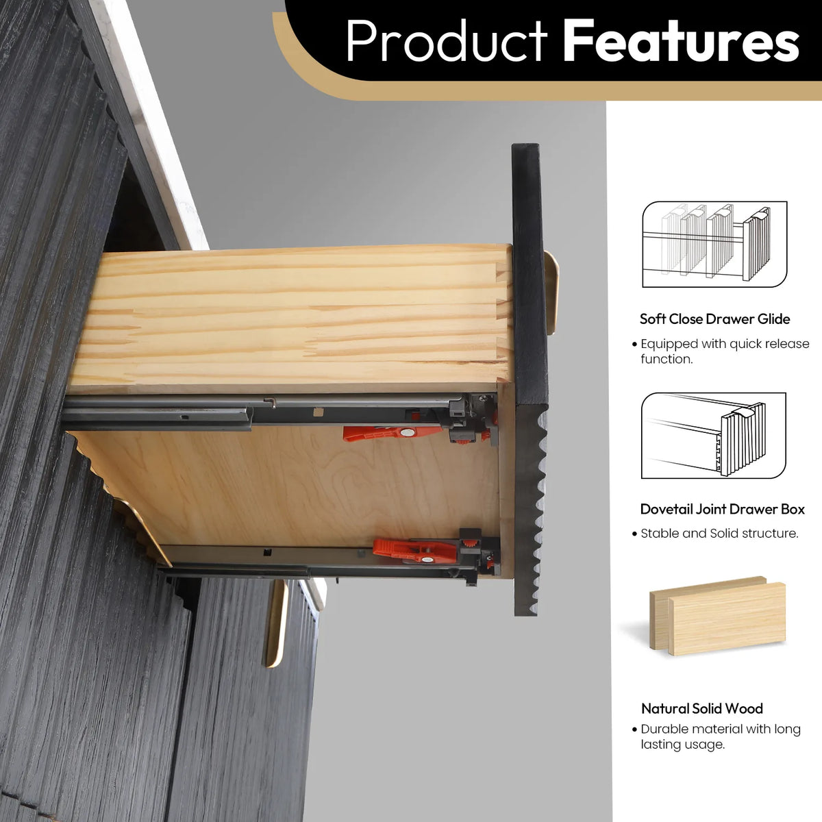 Feature callout on a drawer pulled open: quick-release soft-close glide, dovetail joint box, wood