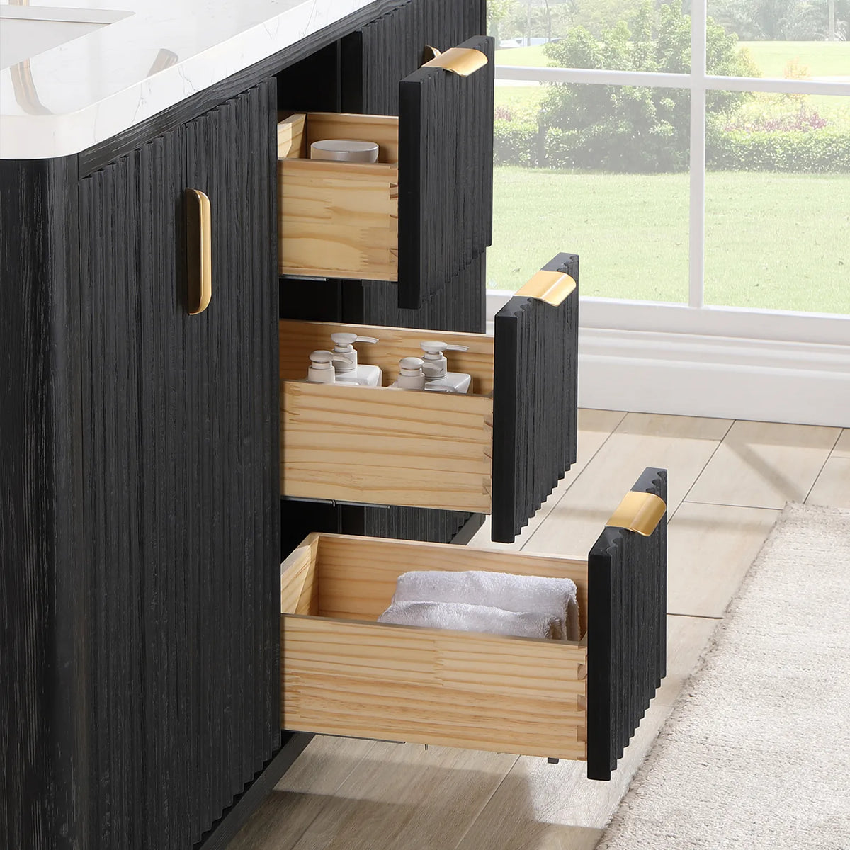 Side angle on the open storage of the 60 inch Fir Wood Black vanity, with wooden drawer boxes pulled out