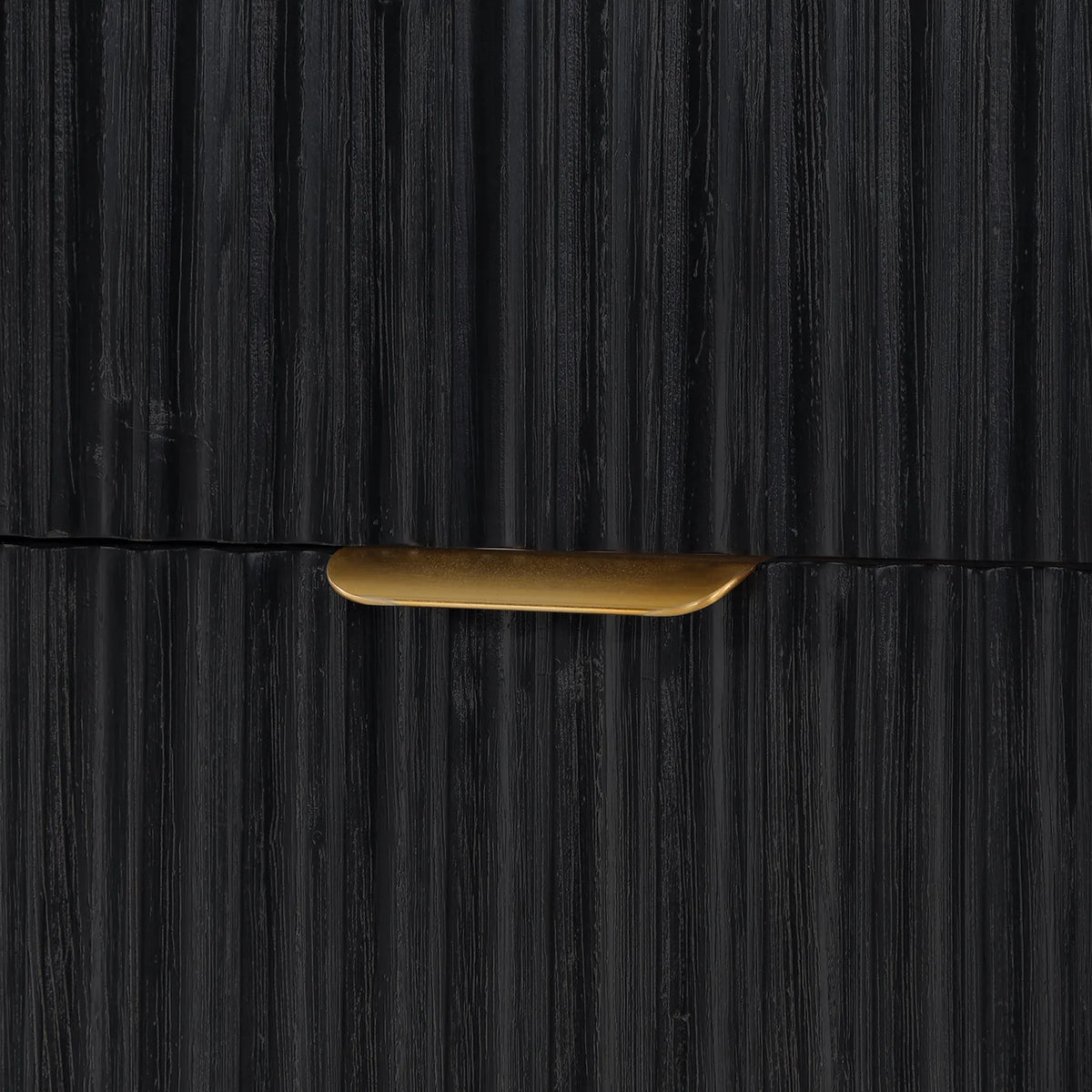 Close-up of a slim curved pull on a fluted drawer front of the Fir Wood Black double vanity