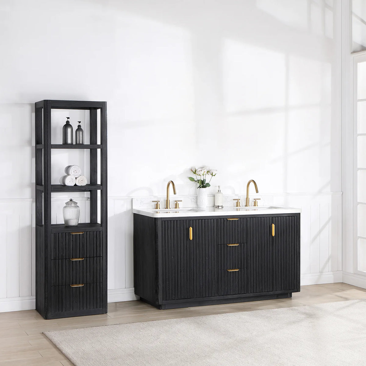 Wide room shot of the 60 inch double vanity in a sunlit bathroom with a rug and a tall shelf unit