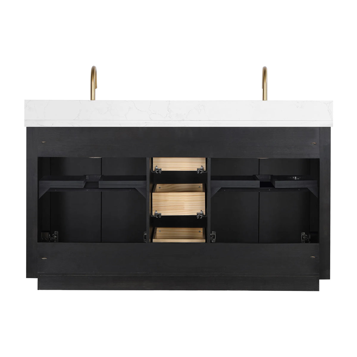 Studio view of the 60 inch vanity cabinet opened up, showing the open interior and wood drawer boxes