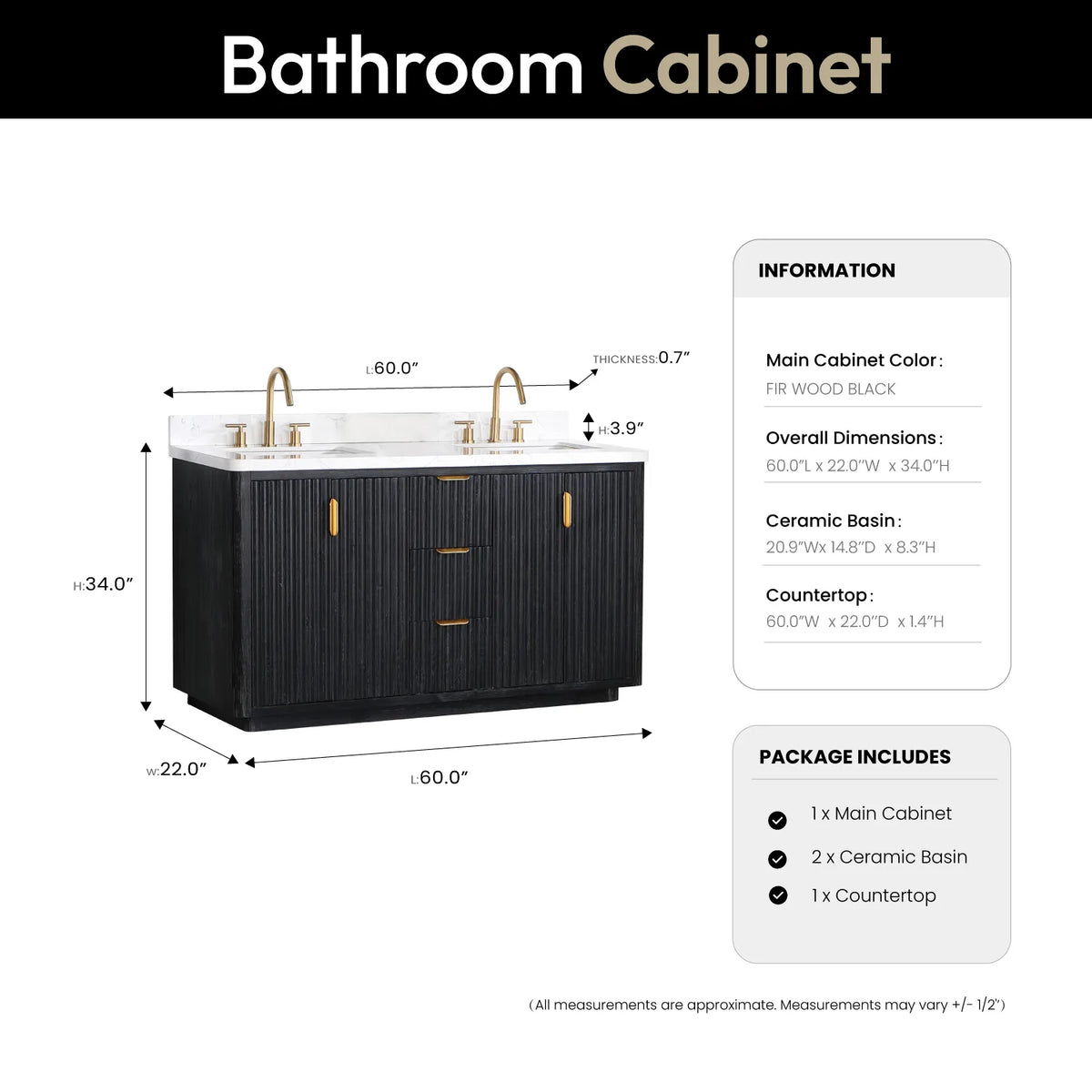 Size drawing of the vanity, 60 in. wide by 22 in. deep by 34 in. high, with top and basin notes