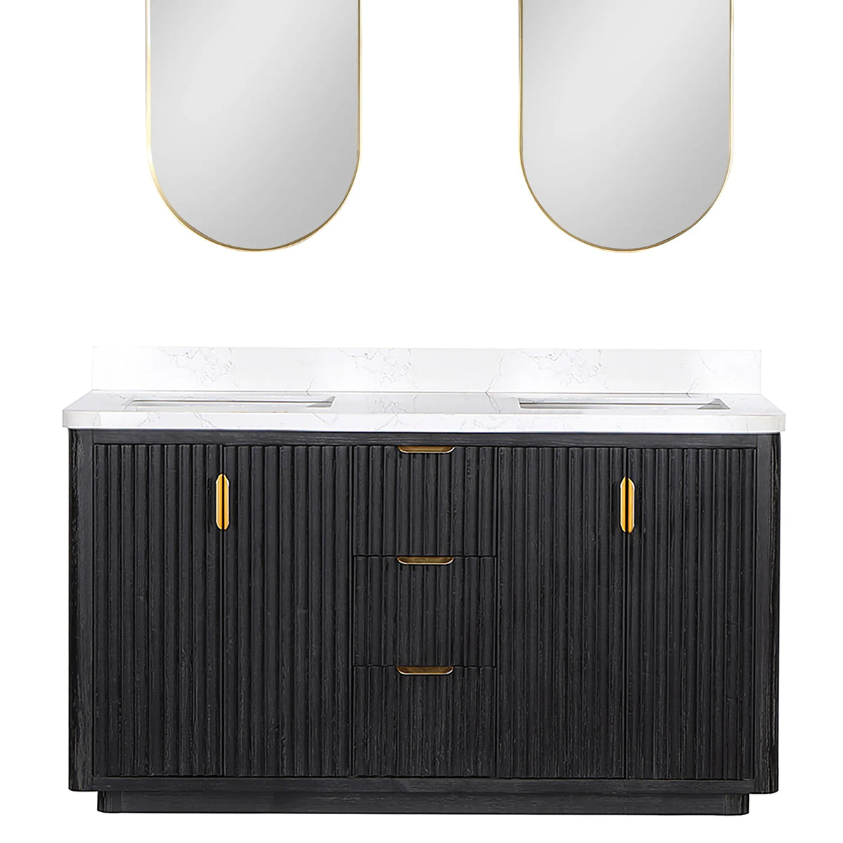 Double 60 inch vanity paired with two oval aluminum-framed mirrors, studio view with the mirror tops cropped