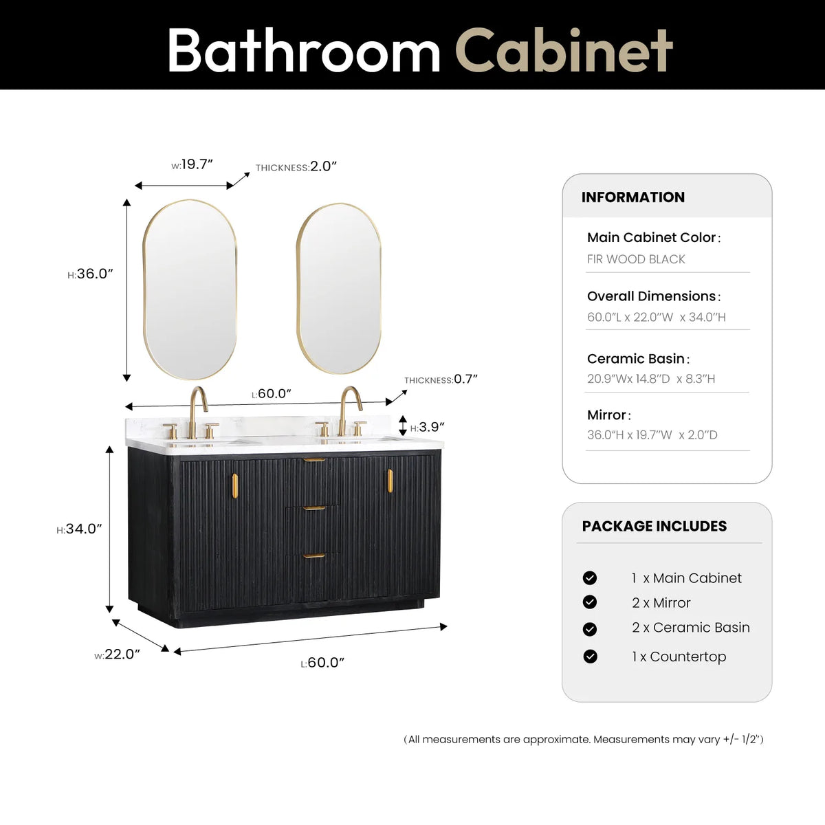 Layout showing two oval mirrors over the 60 inch vanity, vanity 60 by 22 by 34 inches