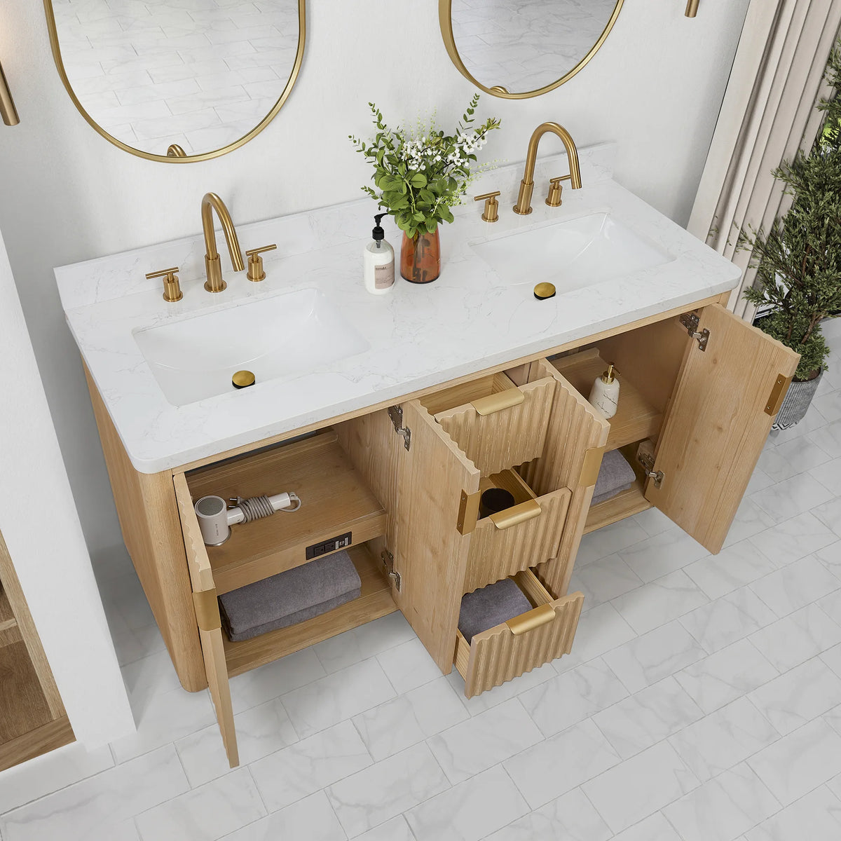 Opened doors and a pulled-out drawer on the 60 inch vanity, showing the storage behind the fronts