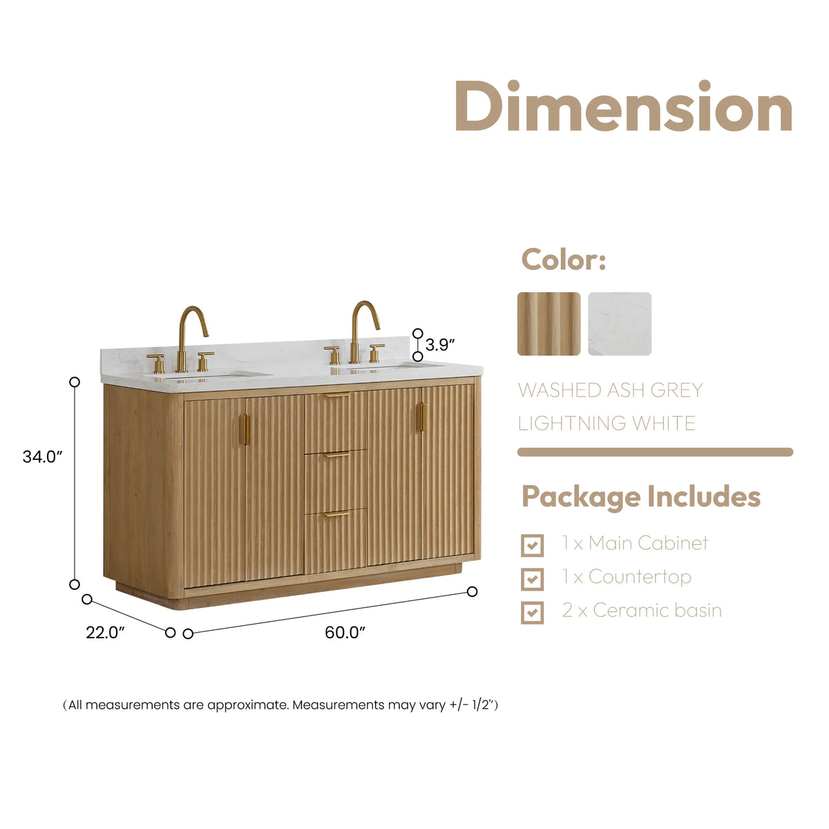 Size diagram for the 60 inch double vanity, 60 inch width, 22 inch depth, 34 inch height