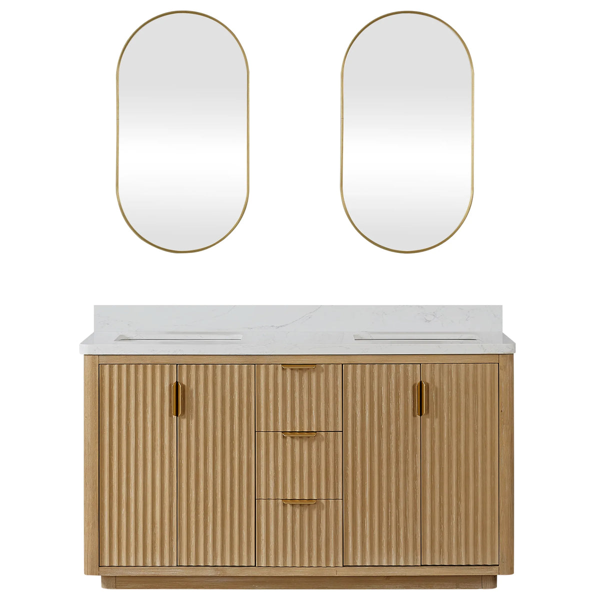 Washed Ash Grey 60 inch double vanity with its pair of aluminum-framed oval mirrors, studio view