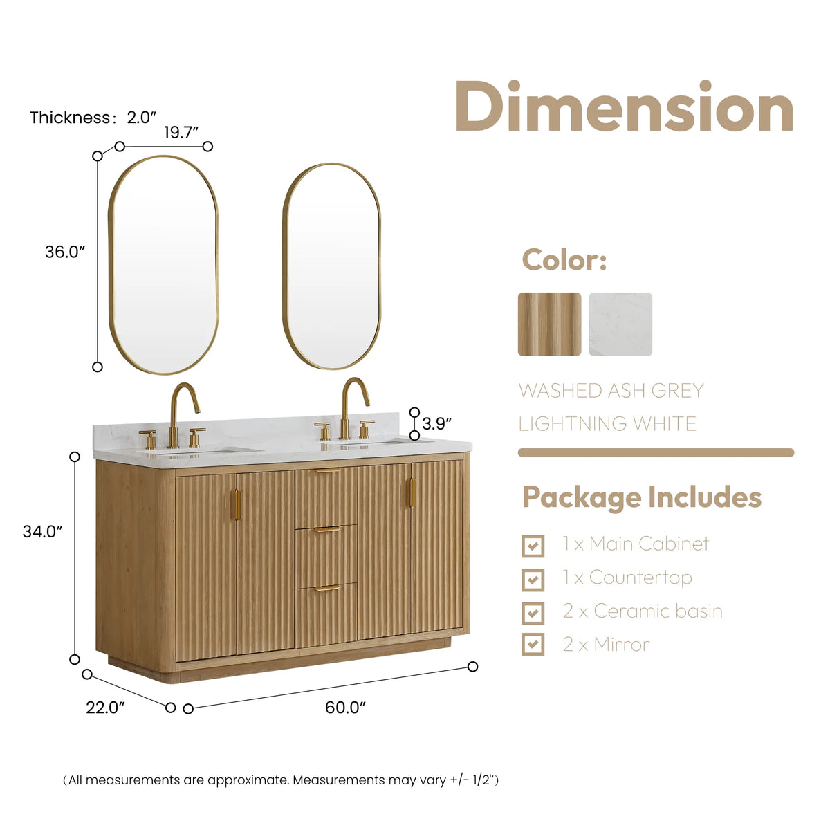 Layout with a pair of oval mirrors above the 60 inch vanity, vanity 60 by 22 by 34 inches