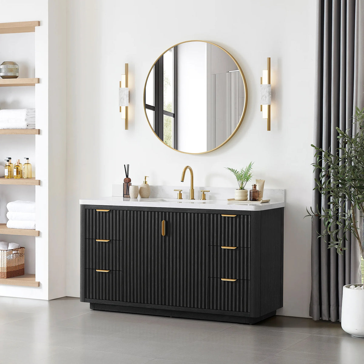 Wider bathroom view of the 60 inch Fir Wood Black vanity with a mirror above and a plant beside it