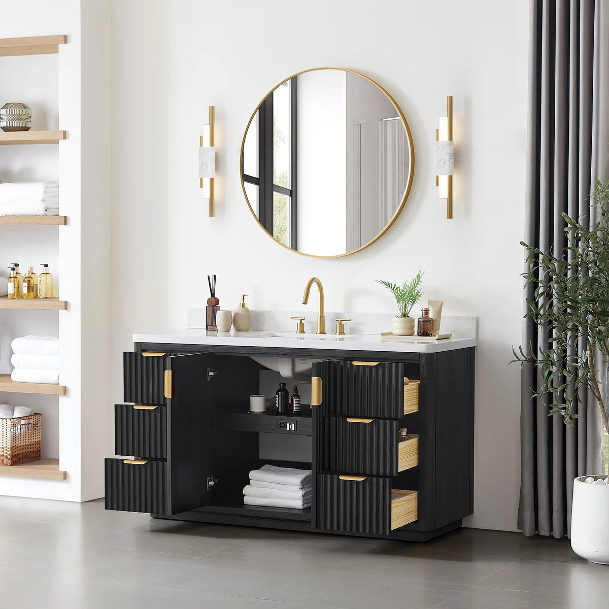 Open storage on the 60 inch vanity: drawers and door pulled out, towels visible inside the cabinet