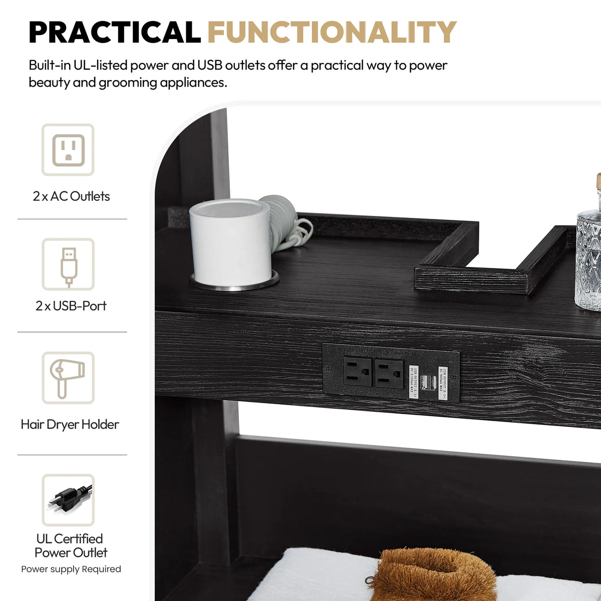 Practical functionality callout: built-in UL-listed power and USB outlets plus a hair dryer holder