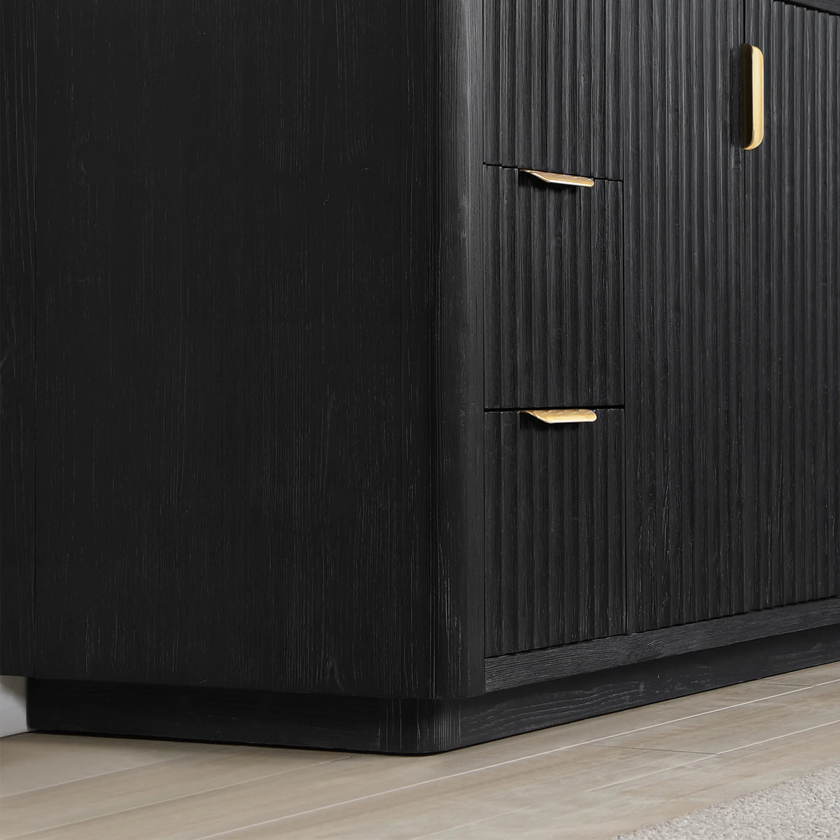 Side corner of the 60 inch vanity body showing the fluted panels and base