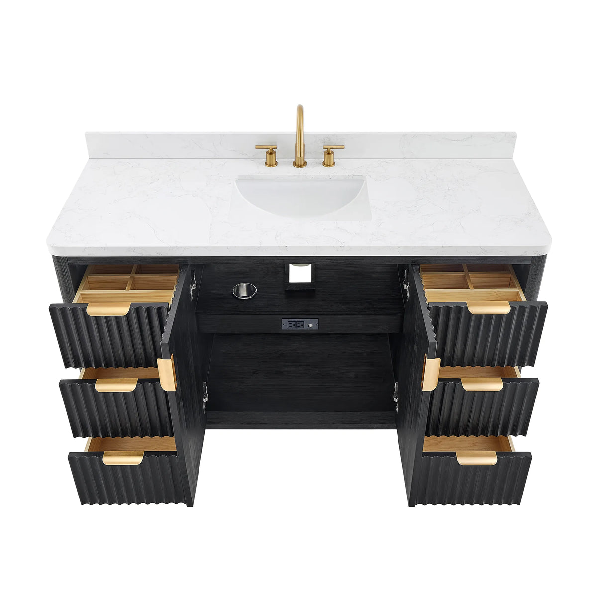Studio shot of the 60 inch vanity with its door and drawers open to show the wooden drawer boxes