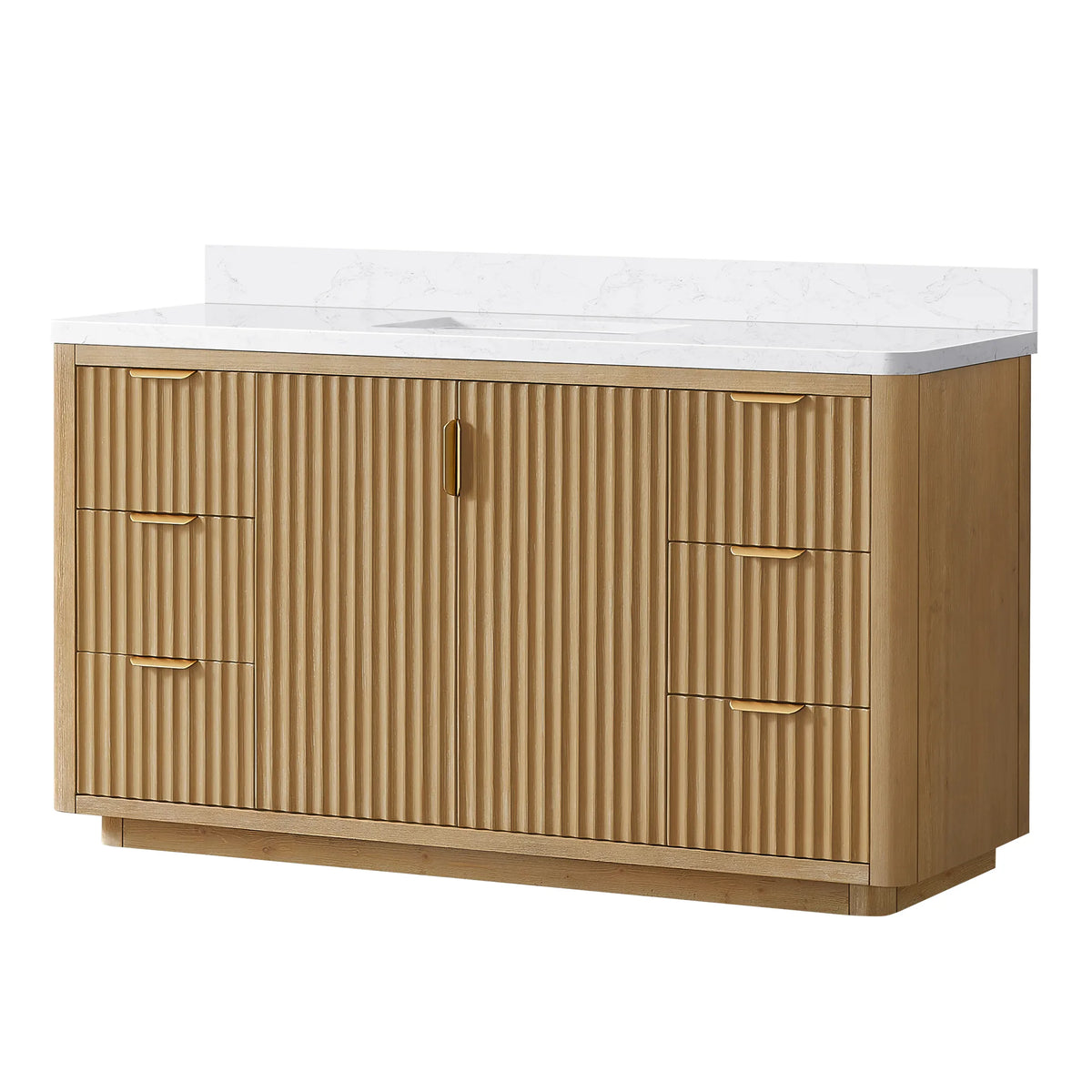 Freestanding Washed Ash Grey 60 inch single bathroom vanity with Lightning White composite top and backsplash