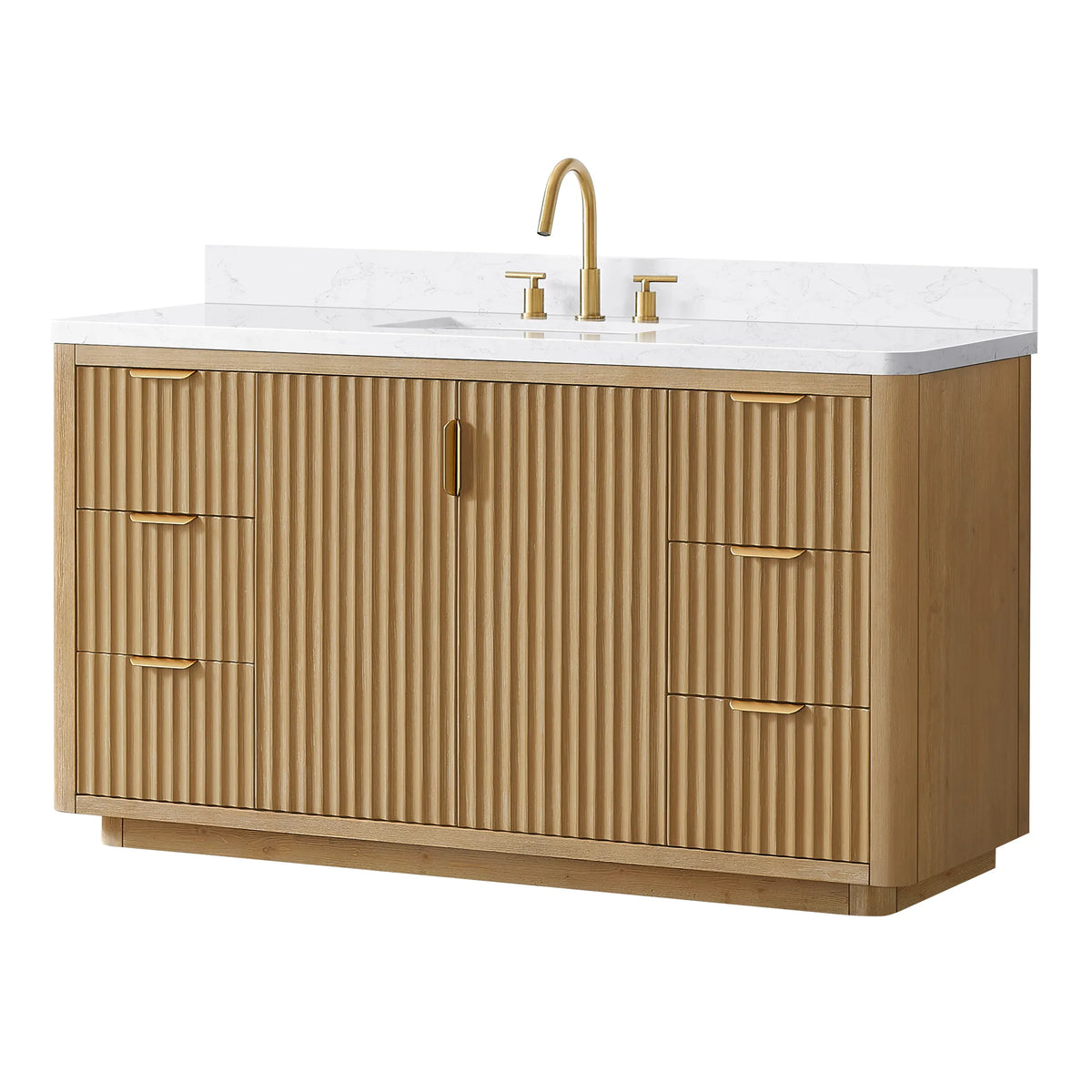 Studio angled view of the 60 inch vanity with a displayed faucet on the Lightning White top