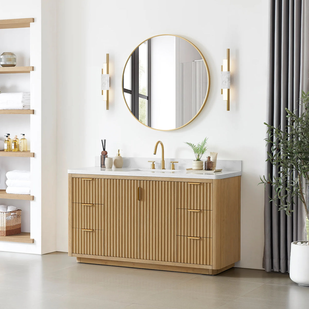Bathroom scene with the 60 inch single vanity, shelving unit and tall plant beside the window