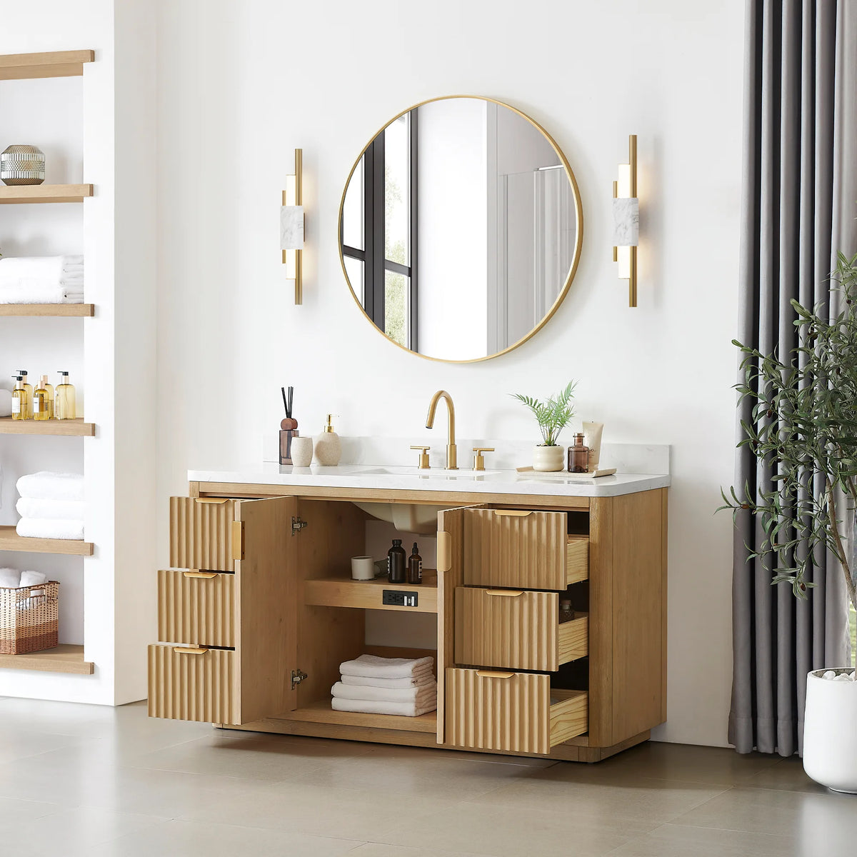 Opened doors and drawers on the 60 inch Washed Ash Grey vanity, towels stored on the interior shelf